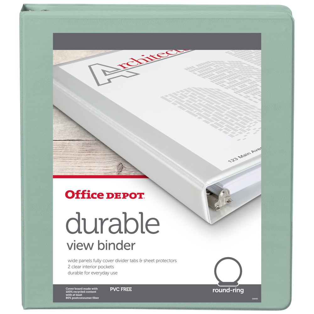 Office Depot Brand 3-Ring Durable View Binder, 1in Round Rings, Sage