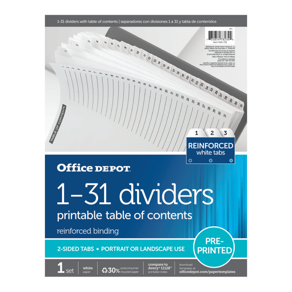 Office Depot Brand Table Of Contents Customizable Index With Preprinted Tabs, White, Numbered 1-31