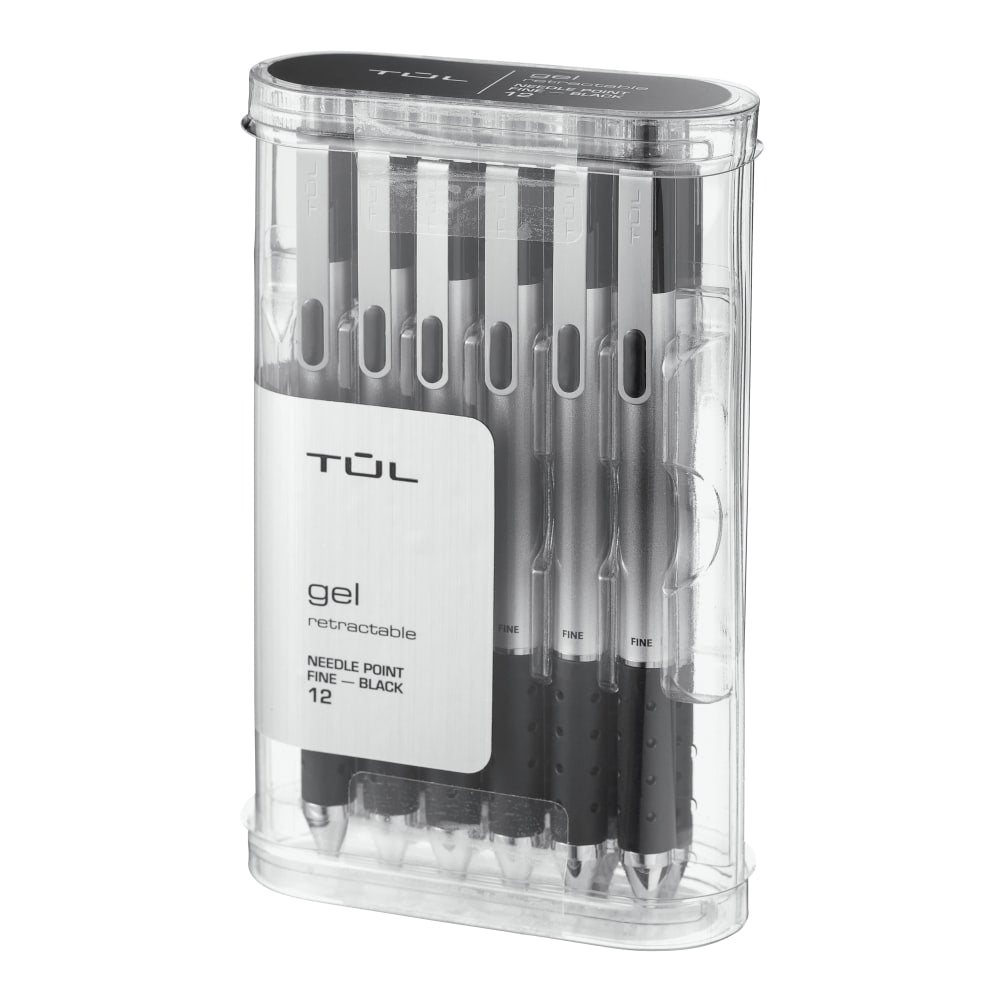 TUL GL Series Retractable Gel Pens, Needle Point, 0.5 mm, Silver Barrel, Black Ink, Pack Of 12 Pens