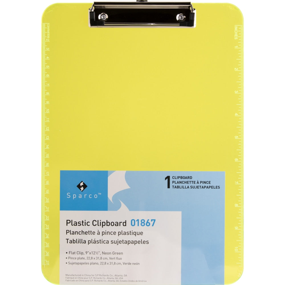 Business Source Flat Clip Plastic Clipboard - 9in x 12in - Plastic - Neon Green - 6 / Bundle