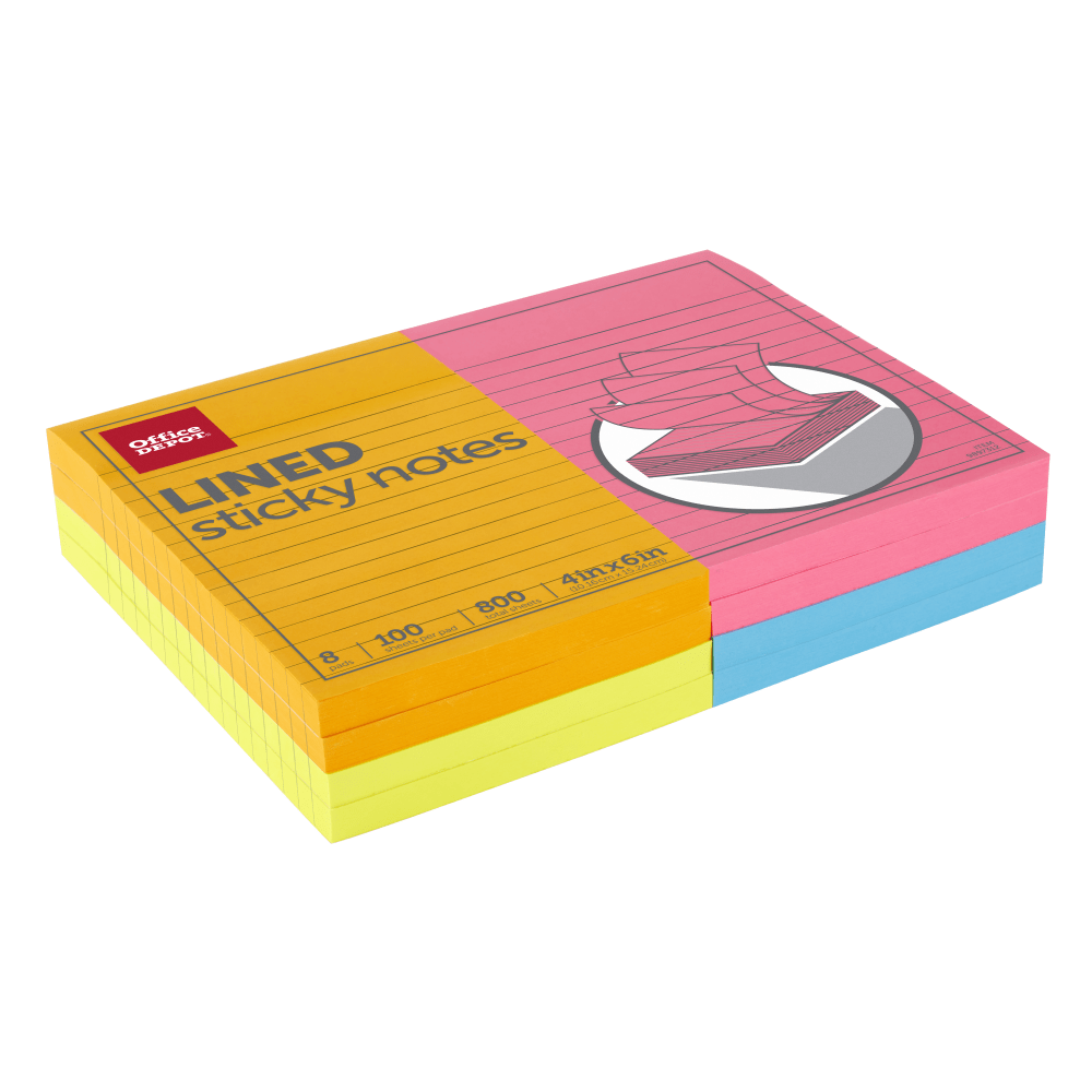 Office Depot Brand Sticky Notes, 4in x 6in, Assorted Vivid Colors, 100 Sheets Per Pad, Pack Of 8 Pads