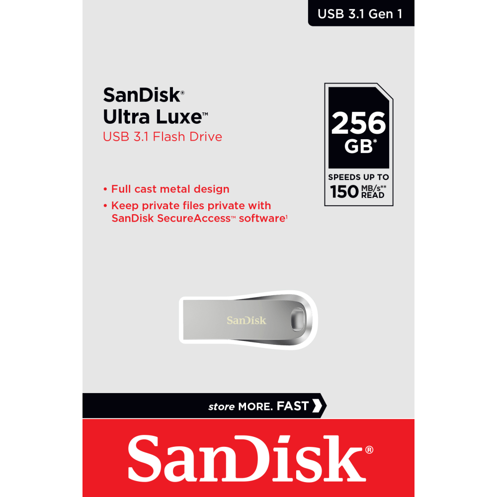 SanDisk Ultra Luxe USB 3.1 Flash Drive, 256GB, Silver