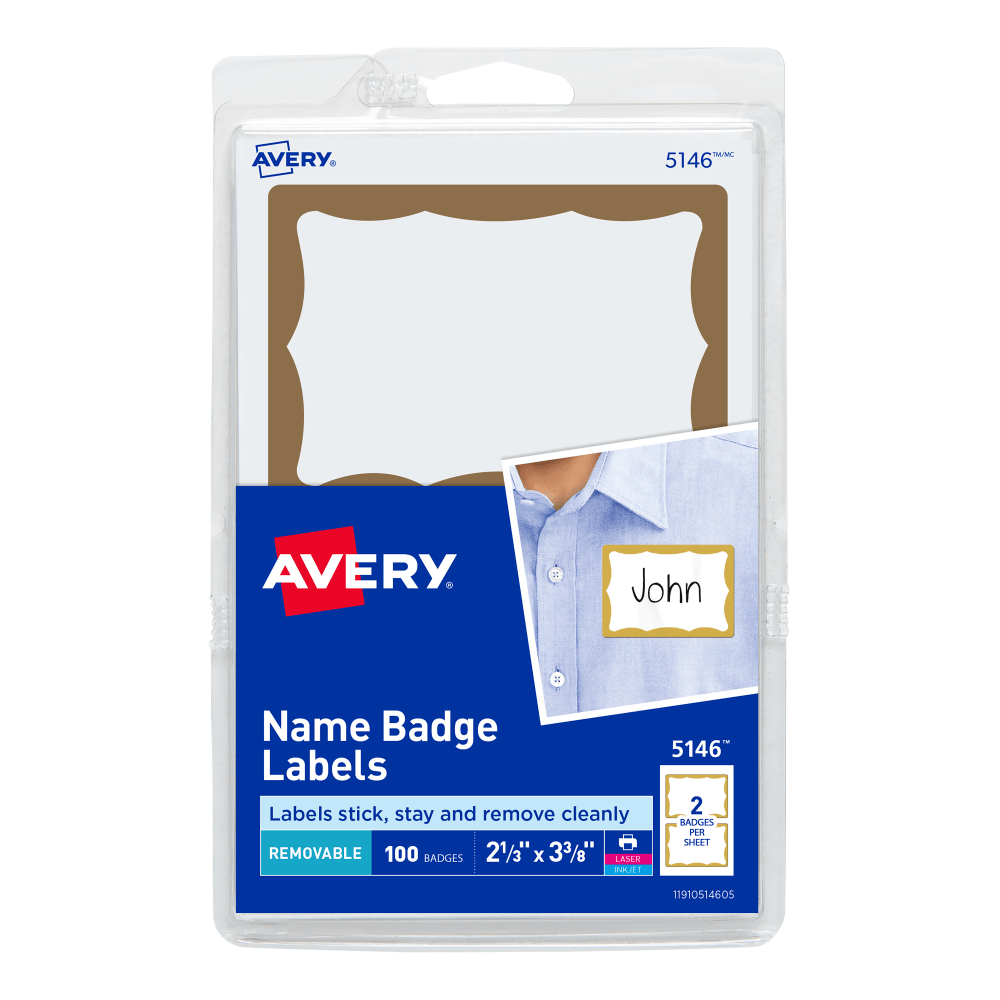 Avery Name Tags, 05146, 2-1/3in x 3-3/8in, White With Gold Border, 100 Removable Name Badges