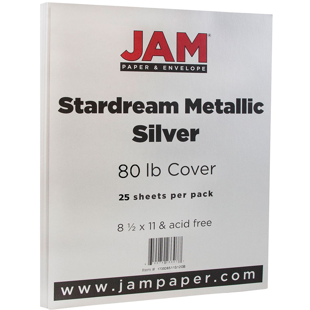 JAM Paper Color Multi-Use Card Stock, Silver Stardream Metallic, Letter (8.5in x 11in), 80 Lb, Pack Of 25