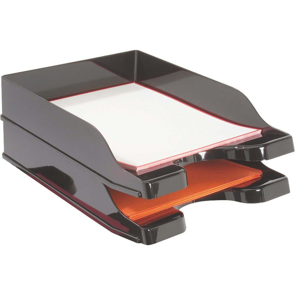 deflecto Docutray Multi-Directional Stackg Trays - 2 Tier(s) - 2.5in Height x 10.1in Width x 14in Depth - Desktop - Black - Polystyrene - 2 / Set