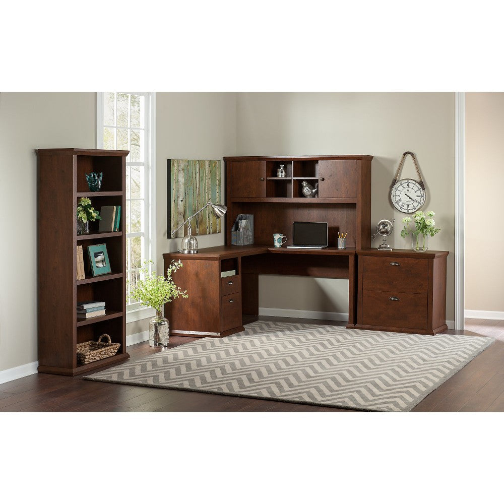 Bush Business Furniture Yorktown 60inW L-Shaped Corner Desk With Hutch, Lateral File Cabinet And 5-Shelf Bookcase, Antique Cherry, Standard Delivery