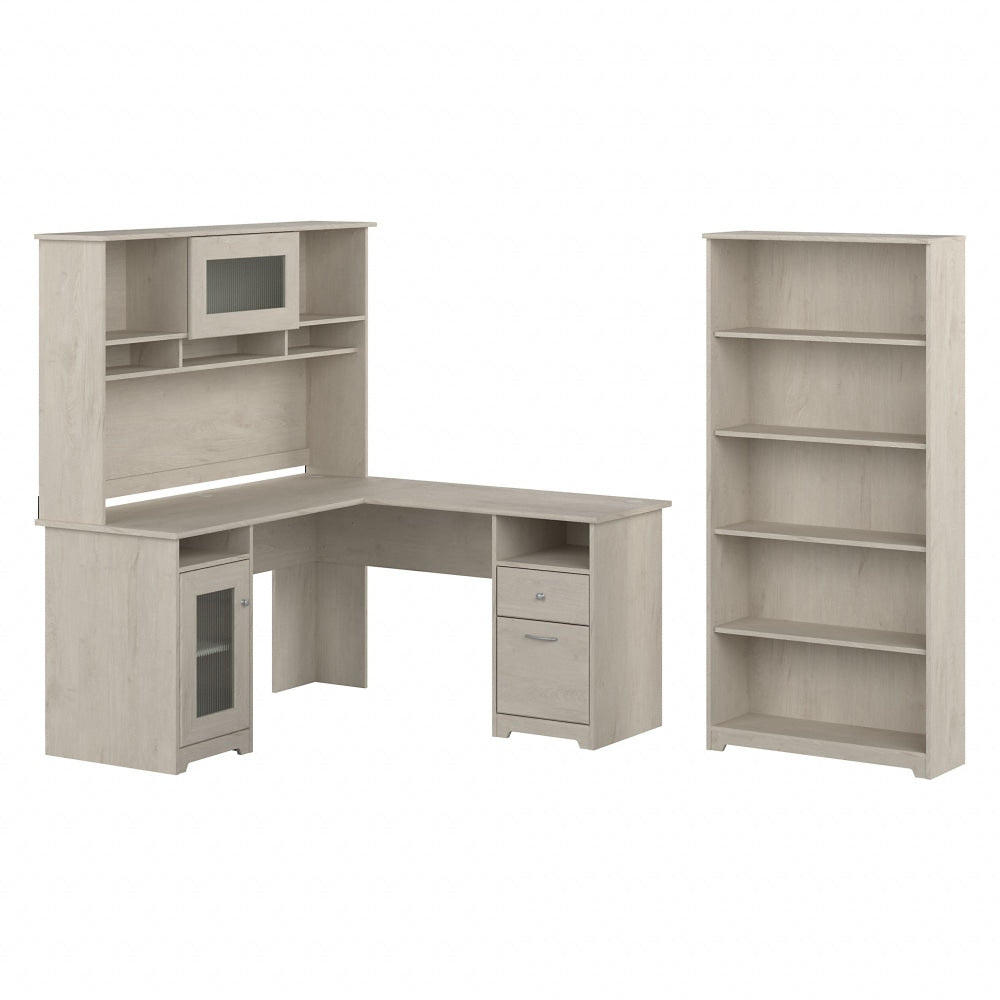 Bush Business Furniture Cabot 60inW L-Shaped Corner Desk With Hutch And 5-Shelf Bookcase, Linen White Oak, Standard Delivery