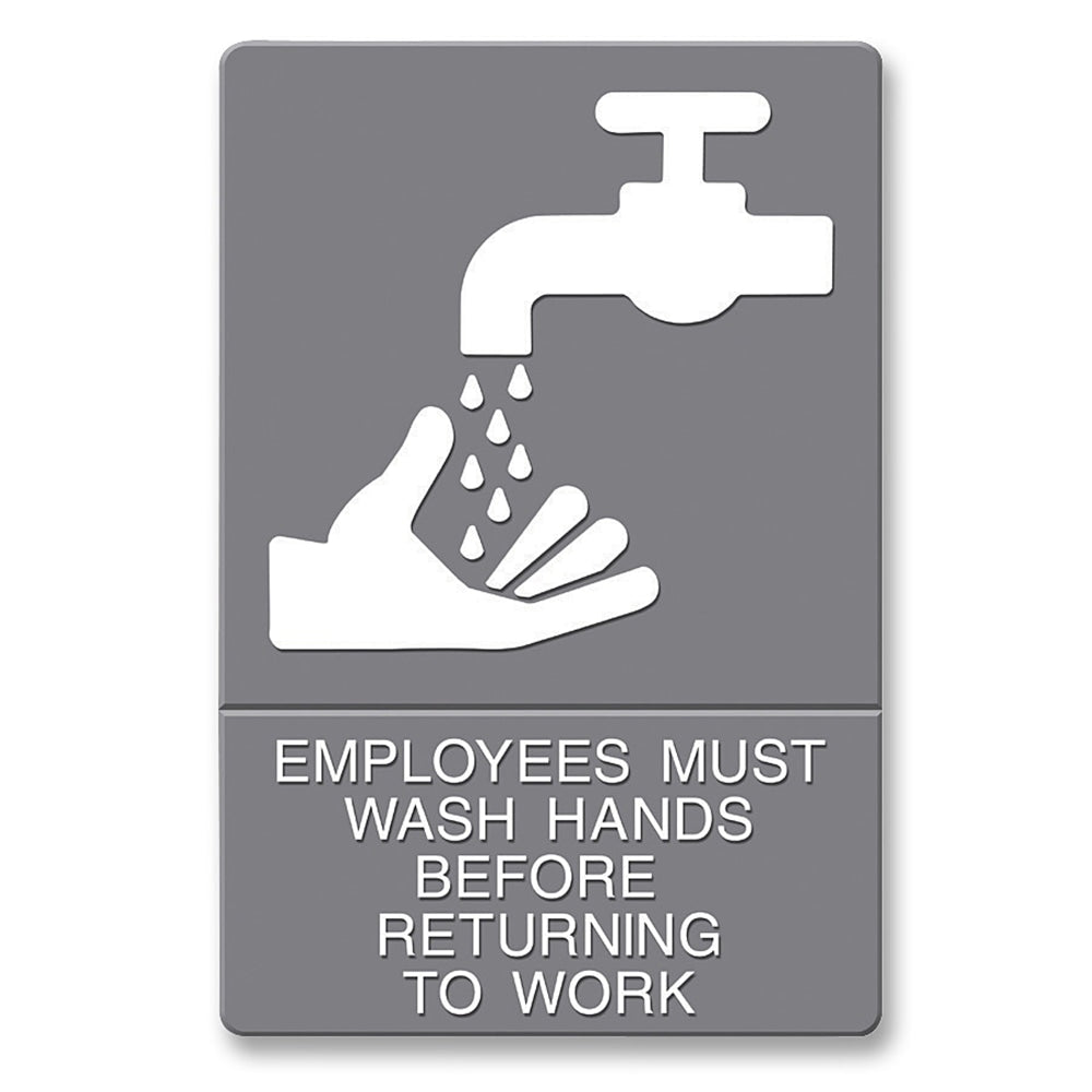 U.S. Stamp & Sign ADA Sign, 6in x 9in, "Employees Must Wash Hands", Gray/White