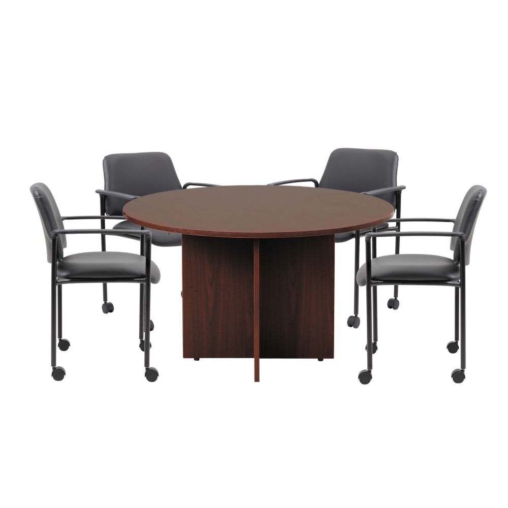 Boss Office Products Round Table And 4 Stackable Guest Chairs Set, 47in Diameter, Mahogany/Black