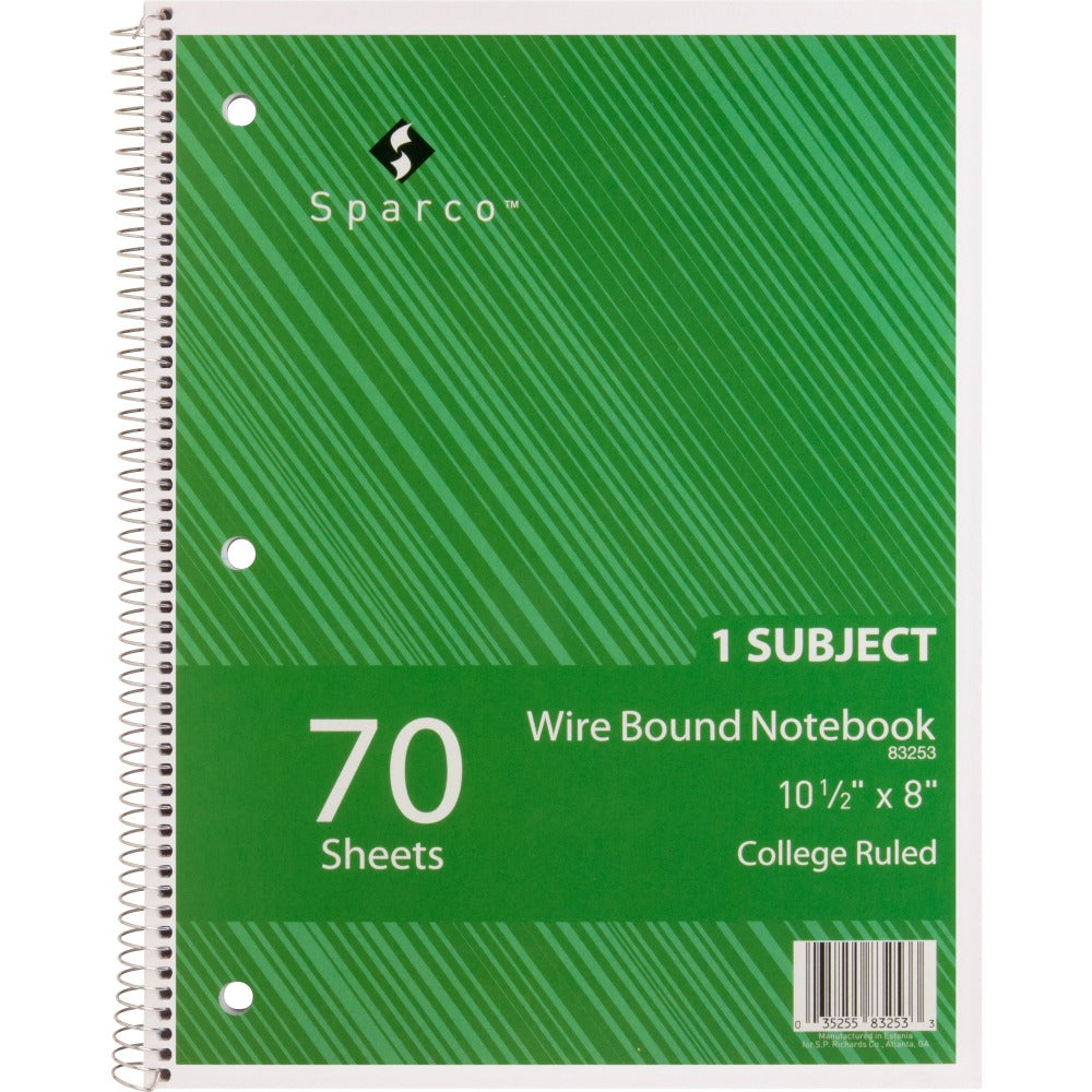 Sparco Wire-Bound Notebooks, 8in x 10.5in, College Ruled, 70 Sheets, Assorted, Pack Of 5