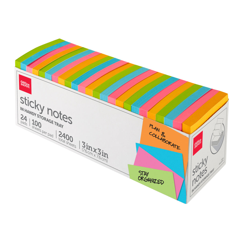 Office Depot Brand Sticky Notes, With Storage Tray, 3in x 3in, Assorted Vivid Colors, 100 Sheets Per Pad, Pack Of 24 Pads