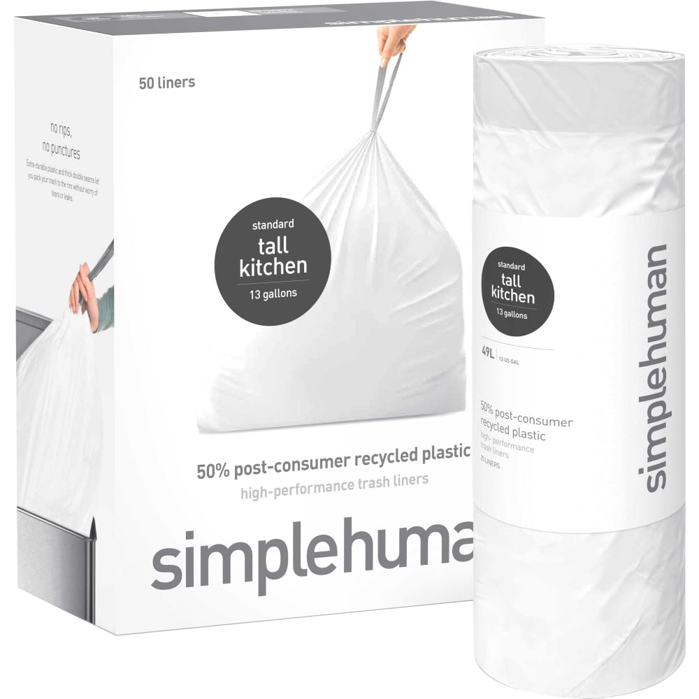 simplehuman Extra-Strong Tall Kitchen Liners, 13 Gallon, 50% Recycled, White, 20 Liners Per Roll, Pack Of 4 Rolls