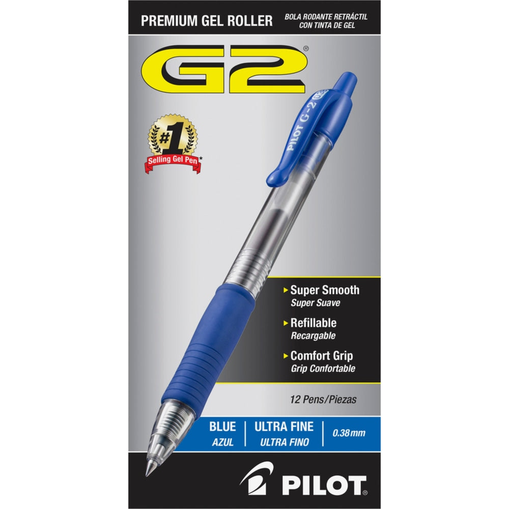 Pilot G2 Premium Gel Roller Retractable Pens - Ultra Fine Pen Point - 0.38 mm Pen Point Size - Refillable - Retractable - Blue Gel-based Ink - Clear Barrel - 24 / Bundle