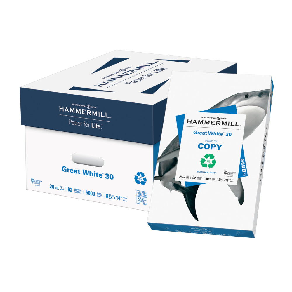 Hammermill Great White Copy Paper, 10 Reams, White, Legal (8.5in x 14in), 5000 Sheets Per Case, 20 Lb, 92 Brightness, 30% Recycled