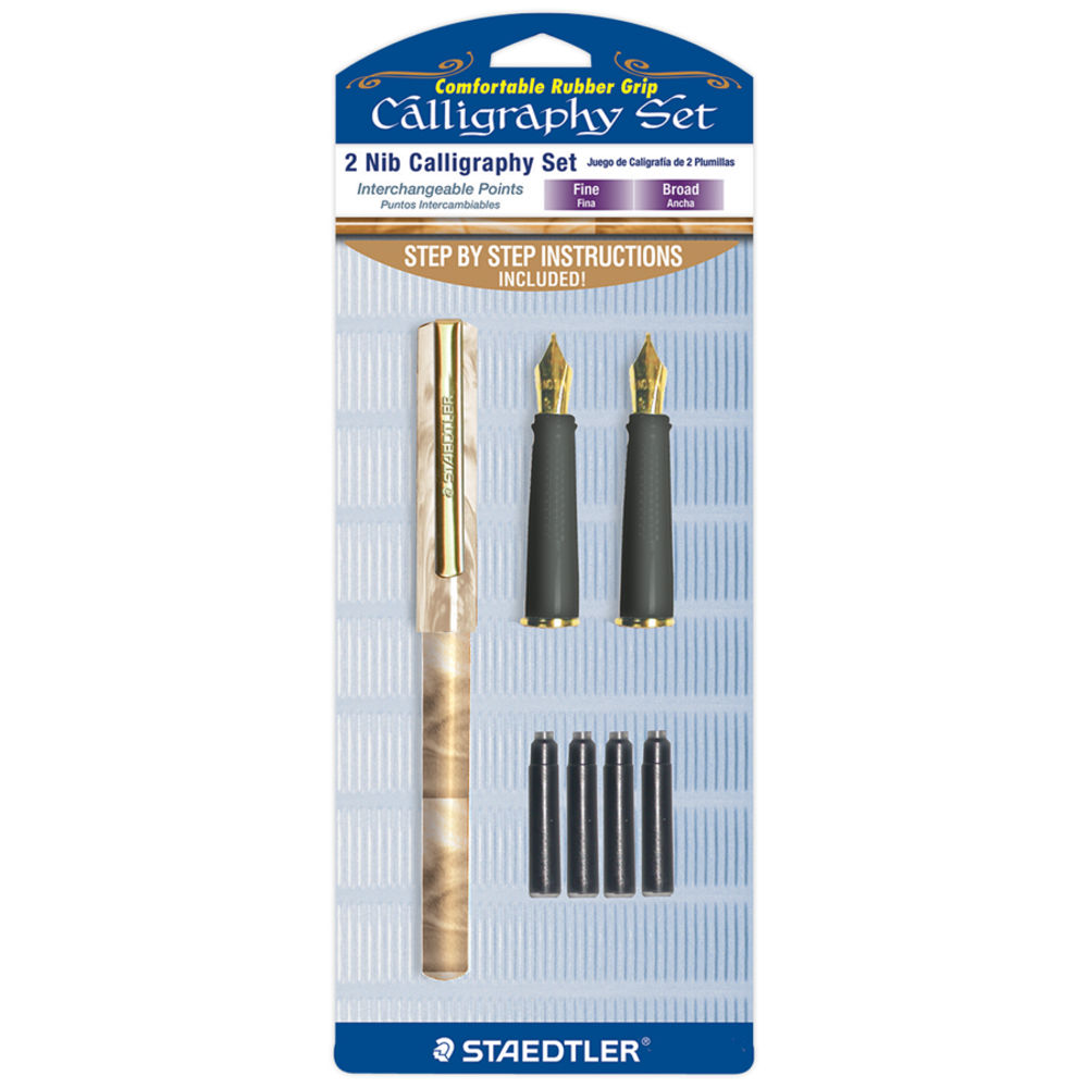 Staedtler 2-Nib Calligraphy Set, Assorted Points, Beige Marble Barrel, Black Ink