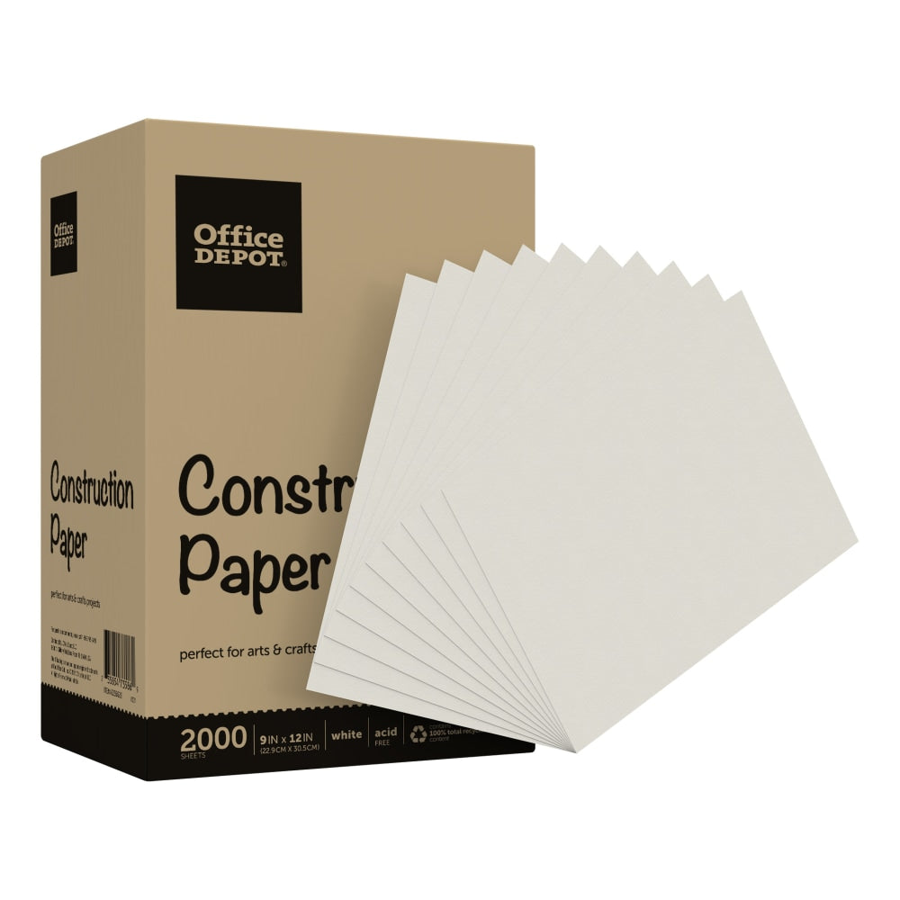 Office Depot Brand Construction Paper, 9in x 12in, 100% Recycled, Stone White, Pack Of 2,000 Sheets