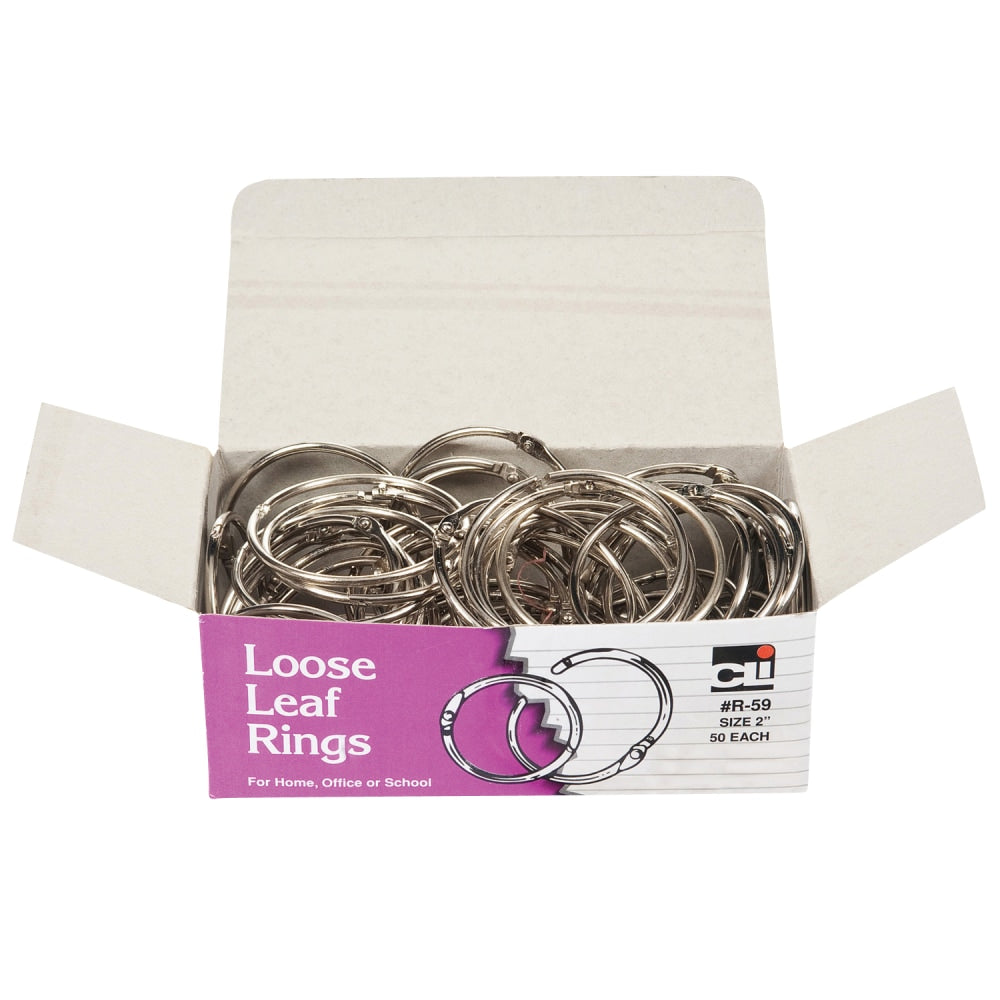 Charles Leonard Loose Leaf Rings With Snap Closure, 2in, Silver, 50 Rings Per Box, Pack Of 2 Boxes