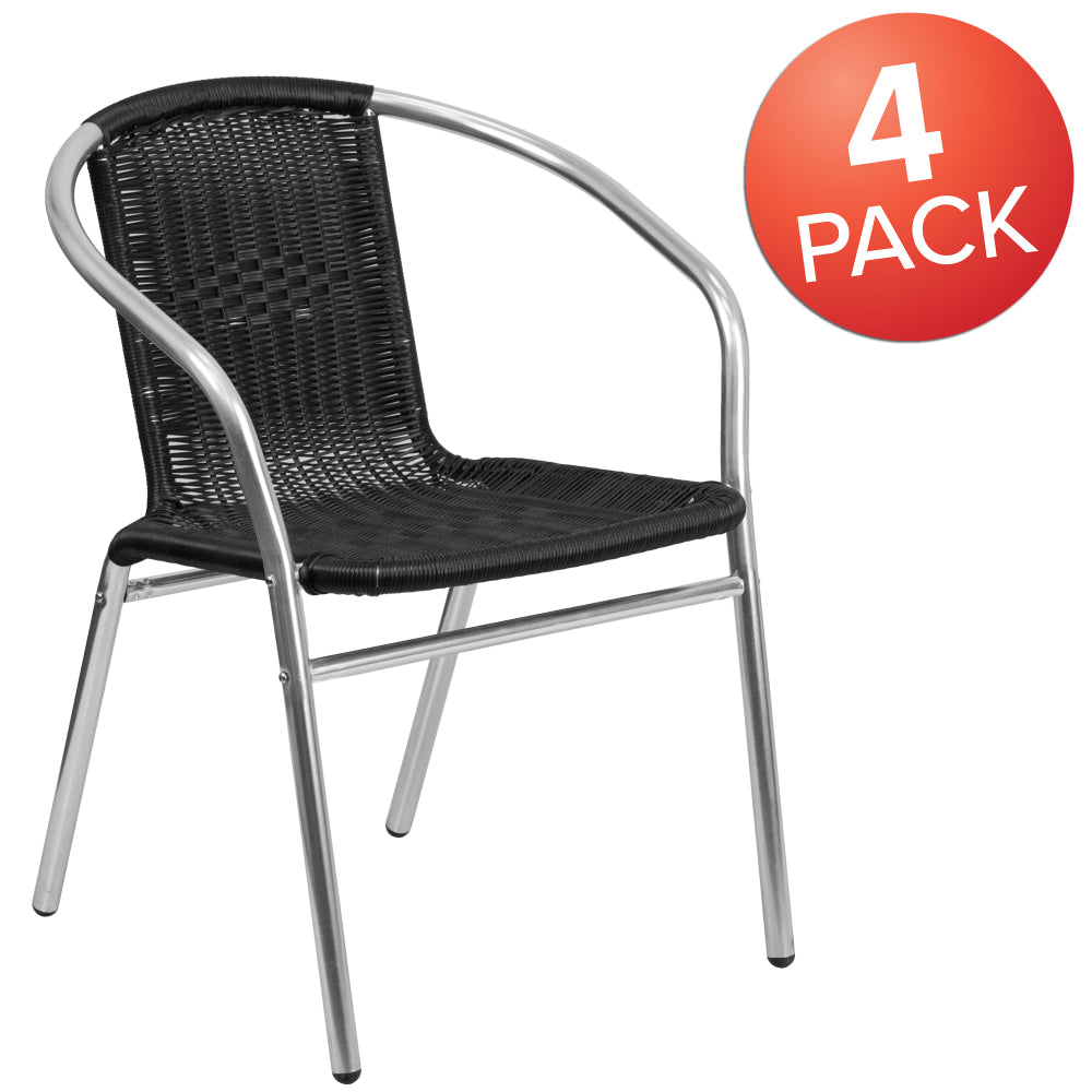 Flash Furniture Lila Rattan Commercial Indoor/Outdoor Restaurant Stack Chairs, Black/Gray, Set Of 4 Chairs