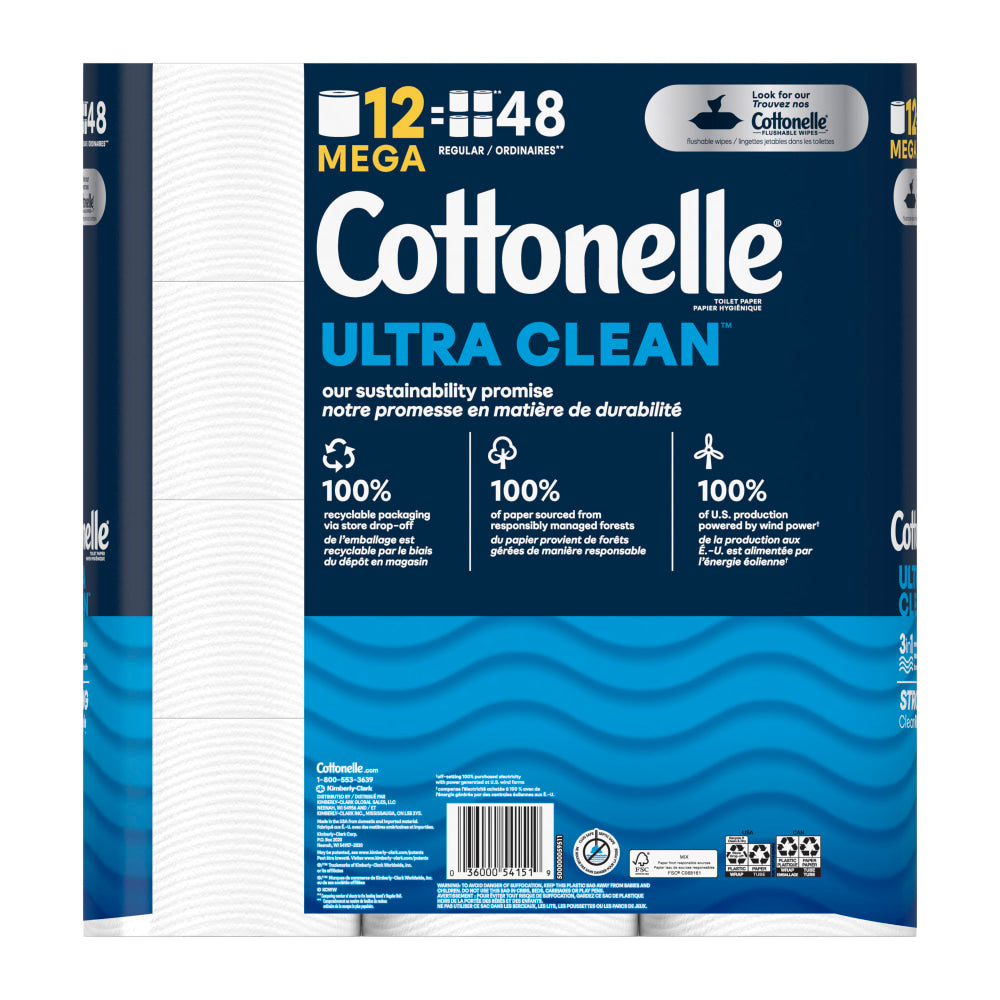 Cottonelle CleanCare 2-Ply Bathroom Tissue, 3in x 3-7/8in, White, 312 Sheets Per Roll, Pack Of 12 Rolls