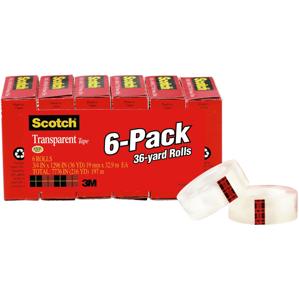 Scotch Transparent Tape, 3/4 in x 1296 in, 6 Tape Rolls, Clear, Home Office and School Supplies