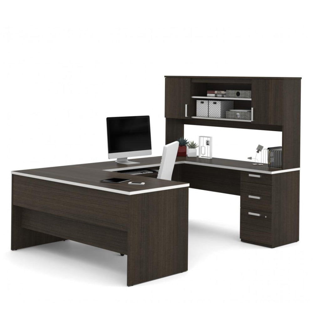 Bestar Ridgeley 65inW U-Shaped Executive Computer Desk With Pedestal And Hutch, Dark Chocolate