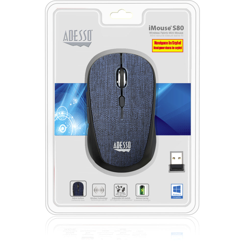 Adesso iMouse S80L - Wireless Fabric Optical Mini Mouse (Blue) - Optical - Wireless - Radio Frequency - 2.40 GHz - Blue - USB - 1600 dpi - Scroll Wheel - 6 Button(s) - Symmetrical