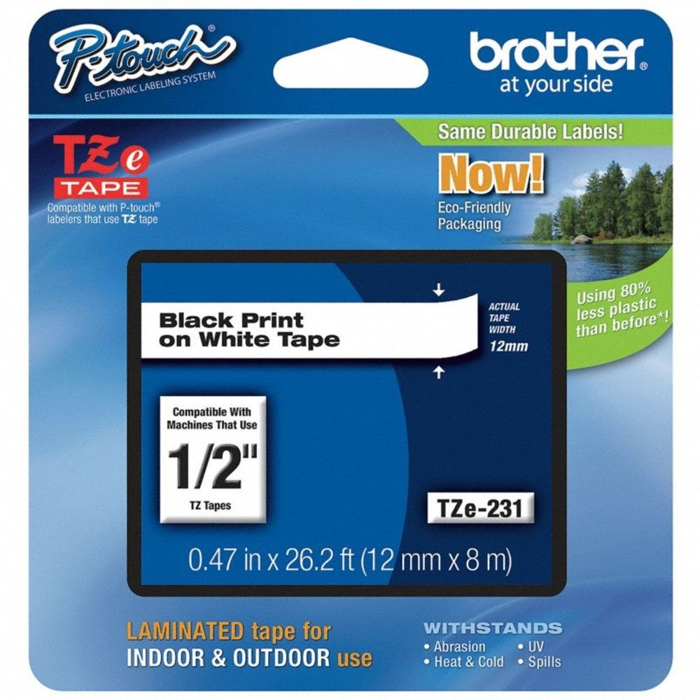 Brother TZe-231 Black-On-White Tape, 0.5in x 26.2ft