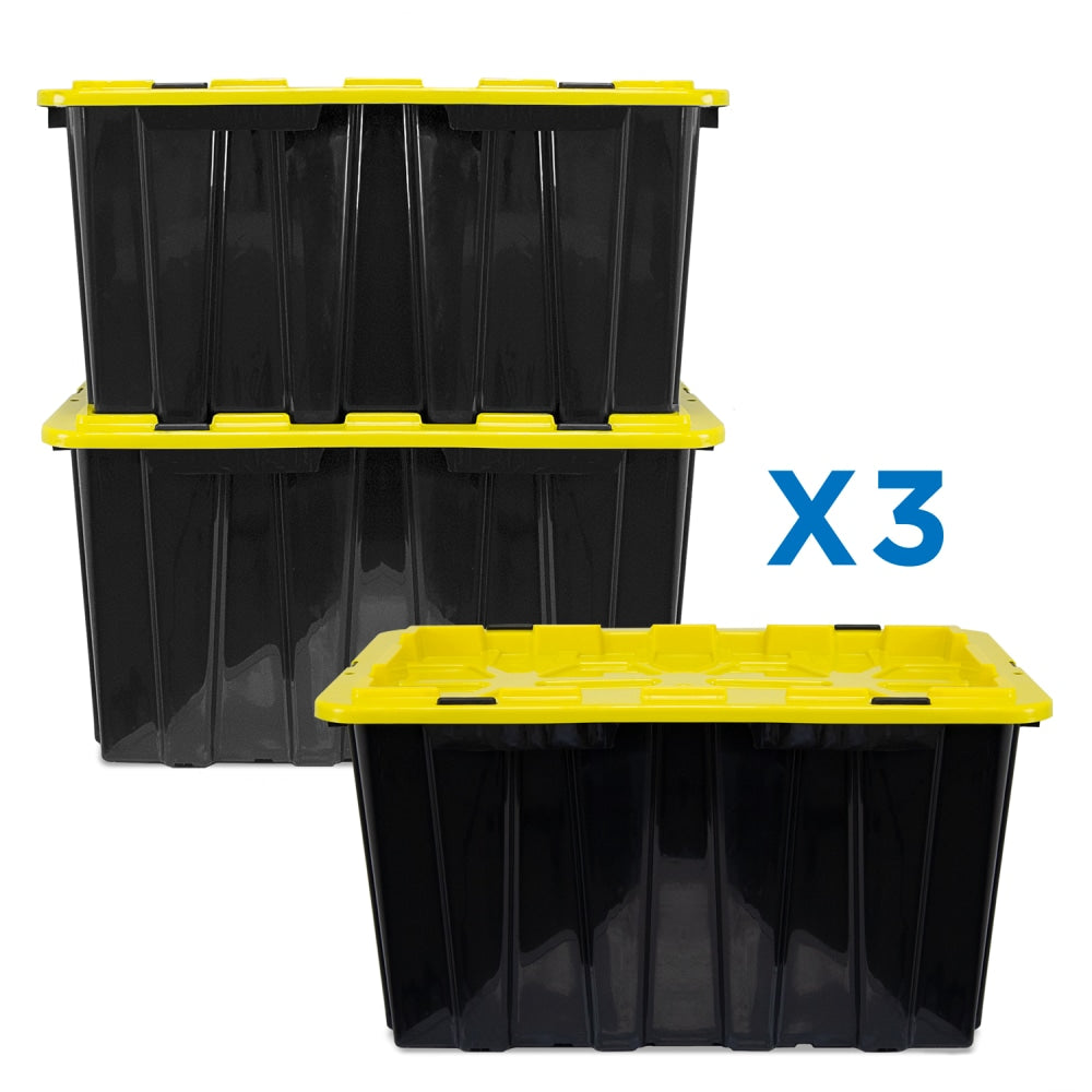 Mount It! Work It! Heavy Duty Plastic Storage Containers, 60 Liters, Black/Yellow, Case Of 3 Bins