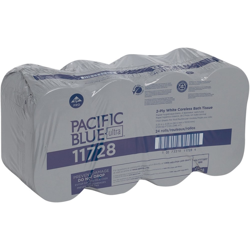 Pacific Blue Ultra Door Tissue Dispenser Refill - 2 Ply - 3.25in x 4.05in - White - Coreless Roll, Bio-based - For Office Building, Public Facilities, School - 24 / Carton