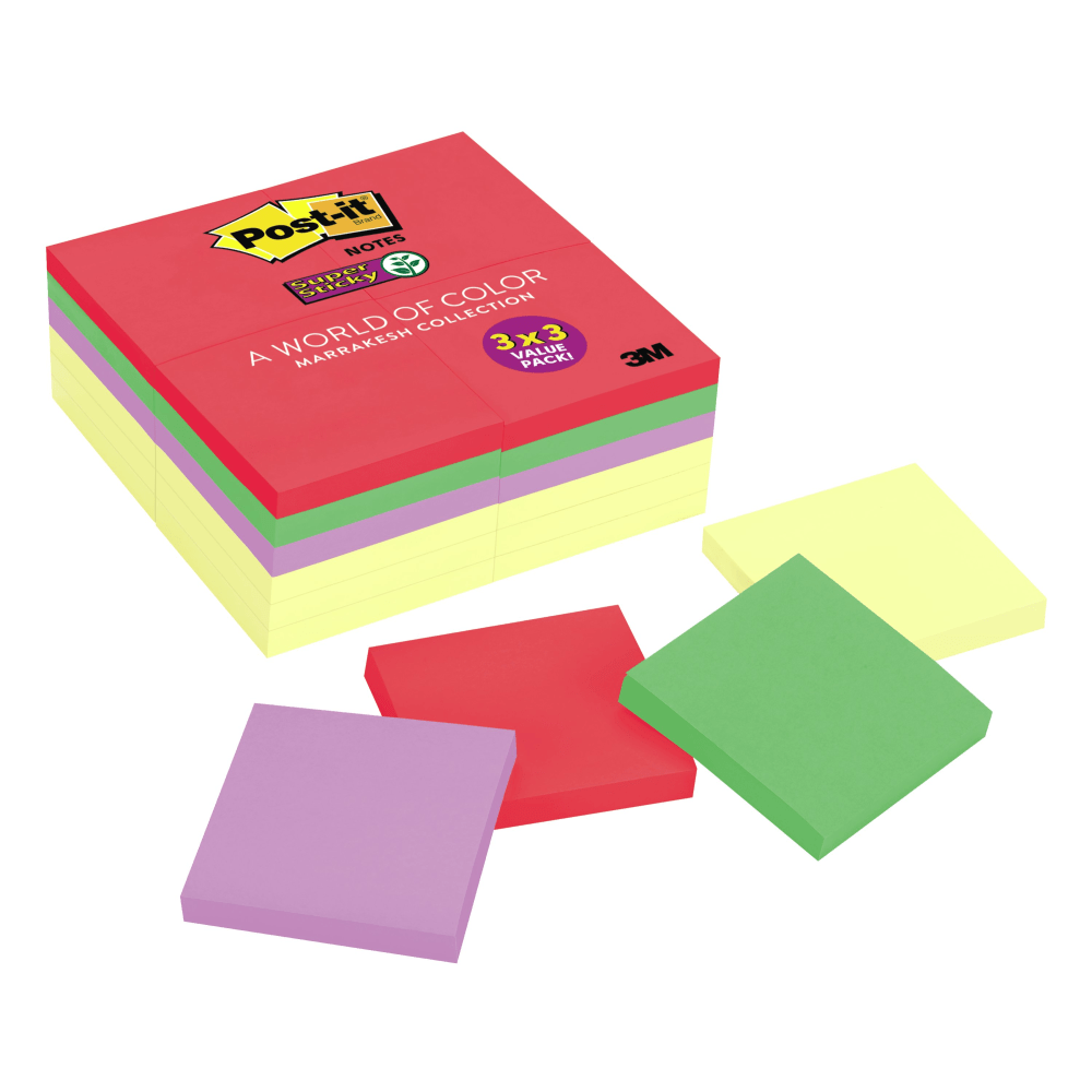 Post-it Super Sticky Notes, 3in x 3in, Assorted Colors, Pack Of 24 Pads