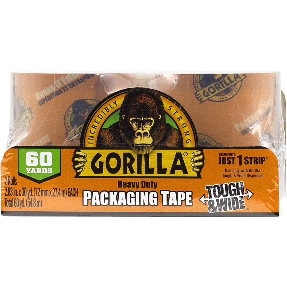 Gorilla Heavy-Duty Tough & Wide Shipping/Packaging Tape - 30 yd Length x 2.83in Width - 3in Core - 2 / Pack - Clear