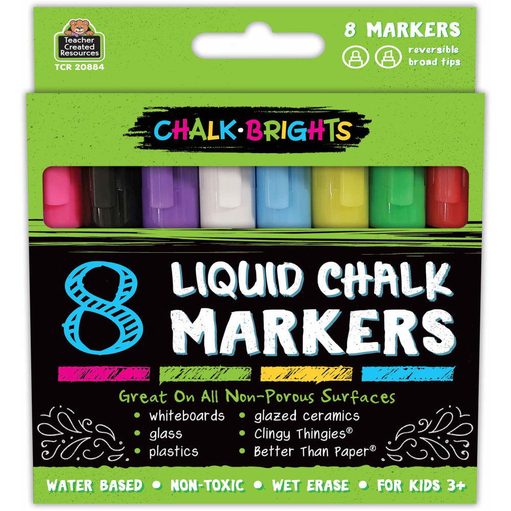 Teacher Created Resources Chalk Brights Liquid Chalk Markers, 2-Sided, Assorted Colors, 8 Markers Per Pack, Set Of 2 Packs