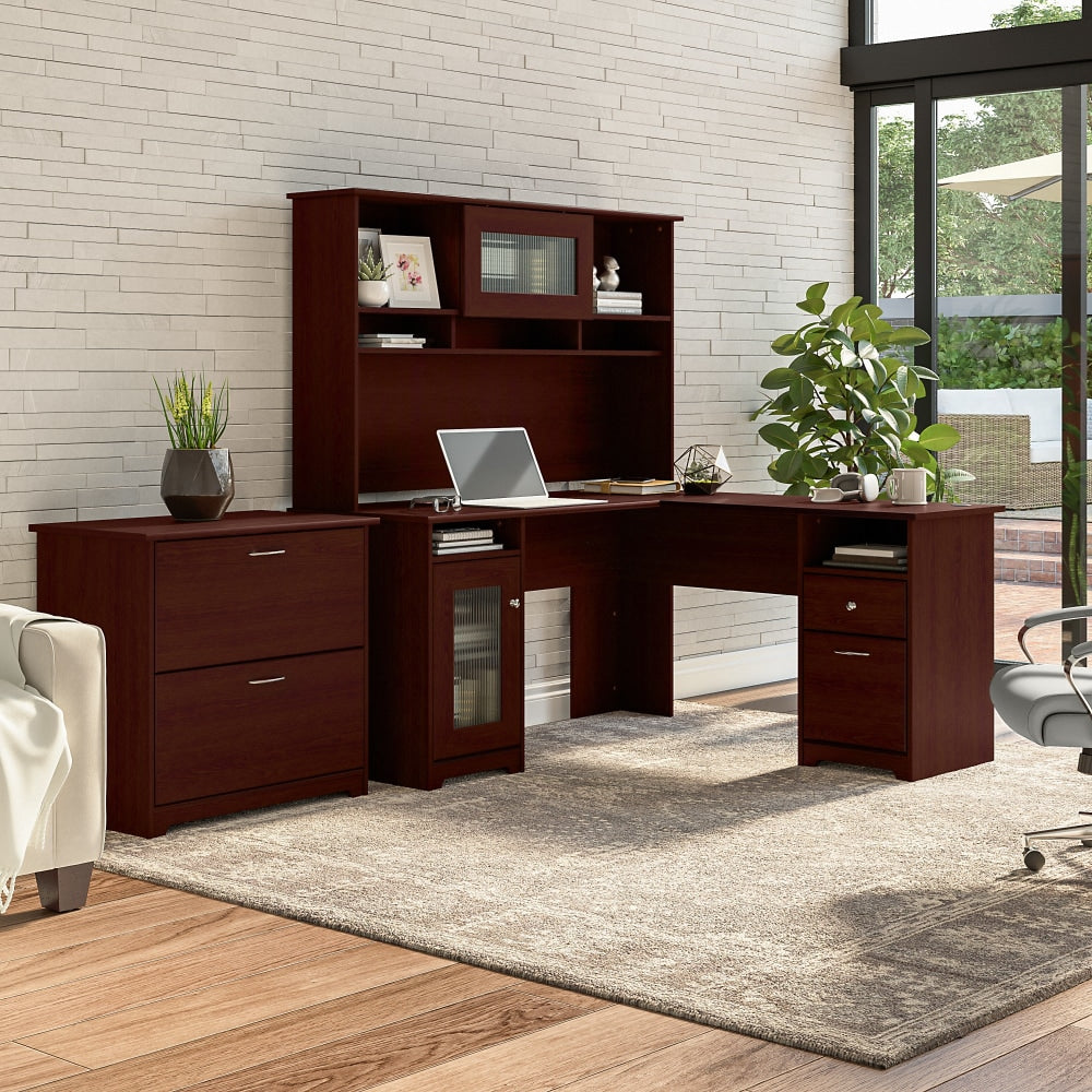 Bush Furniture Cabot L Shaped Desk With Hutch And Lateral File Cabinet, Harvest Cherry, Standard Delivery