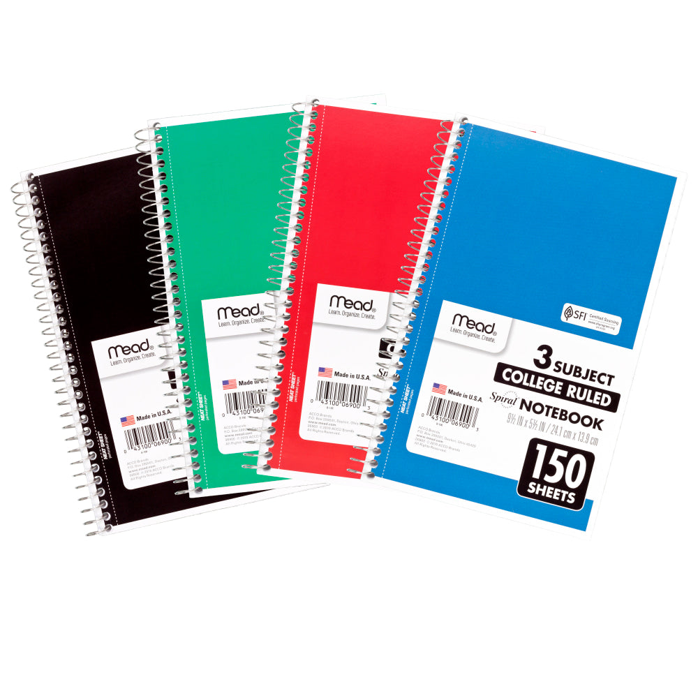 Mead Wirebound Notebook, 6in x 9 1/2in, 3 Subject, College Ruled, 300 Pages (150 Sheets), Assorted Colors