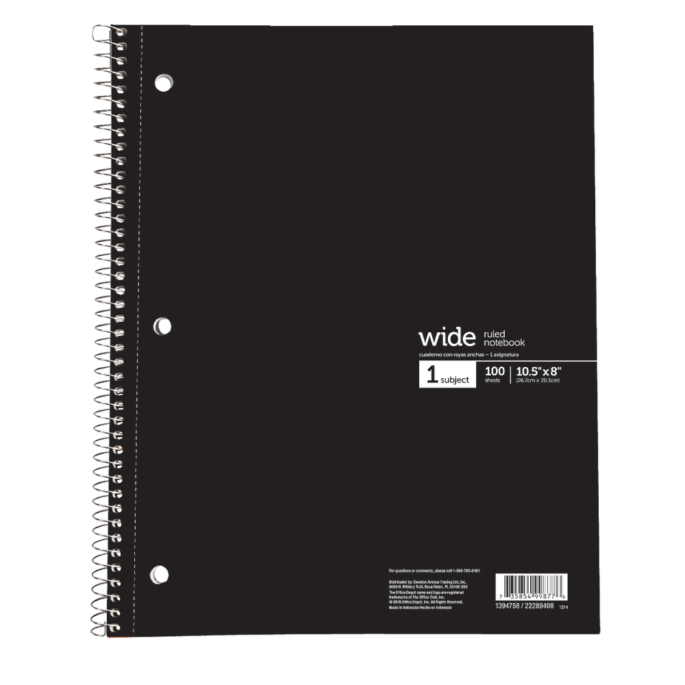 Office Depot Brand Wirebound Notebook, 8in x 10 1/2in, 1 Subject, Wide Ruled, 200 Pages (100 Sheets), Assorted Colors