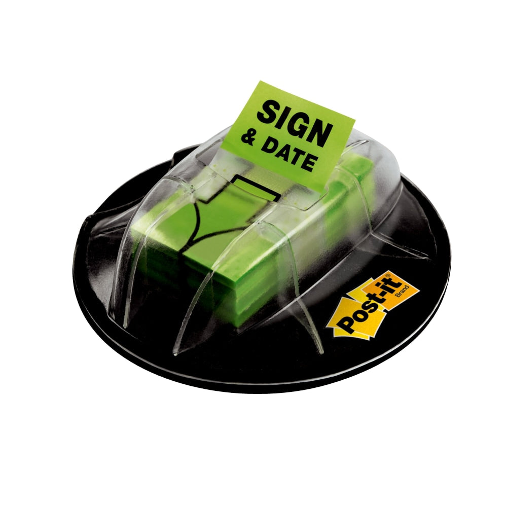 Post-it Message Flags in Desk Grip Dispenser, "Sign & Date", 1in x 1 -11/16in, Bright Green, 200 Flags