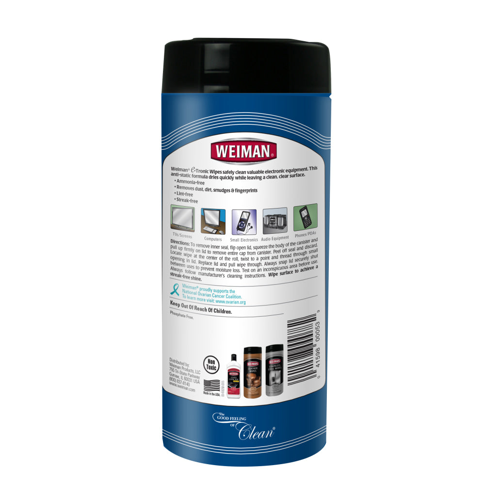 Weiman E-tronic Wipes, 7in x 8in, Cannister Of 30