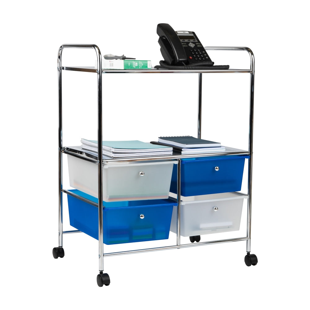 Mind Reader Rolling Cart 2-Tier/4-Drawer Craft Storage Metal and Plastic Utility Cart, 32inH x 15inW x 24-1/4inD, Blue and Silver