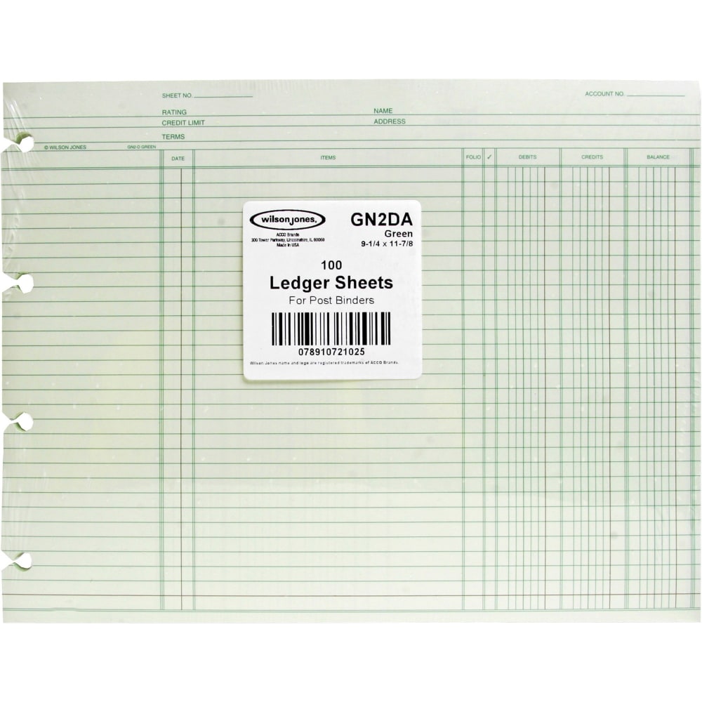 Wilson Jones Ledger Sheets, Ending Balance, 9 1/4in x 11 7/8in, Green, Pack Of 100