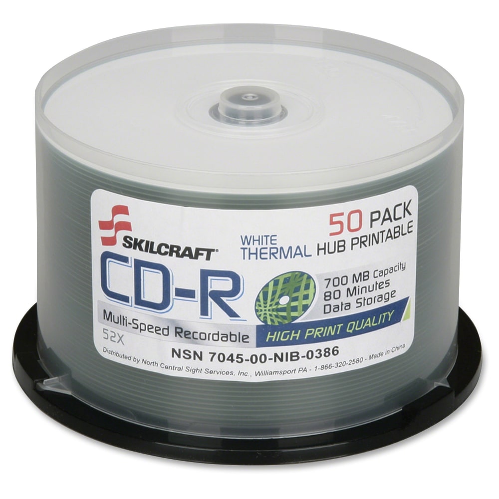 SKILCRAFT Thermal Printable 52x CD-R Discs, 50-Pack Spindle (AbilityOne 7045-01-626-9521)