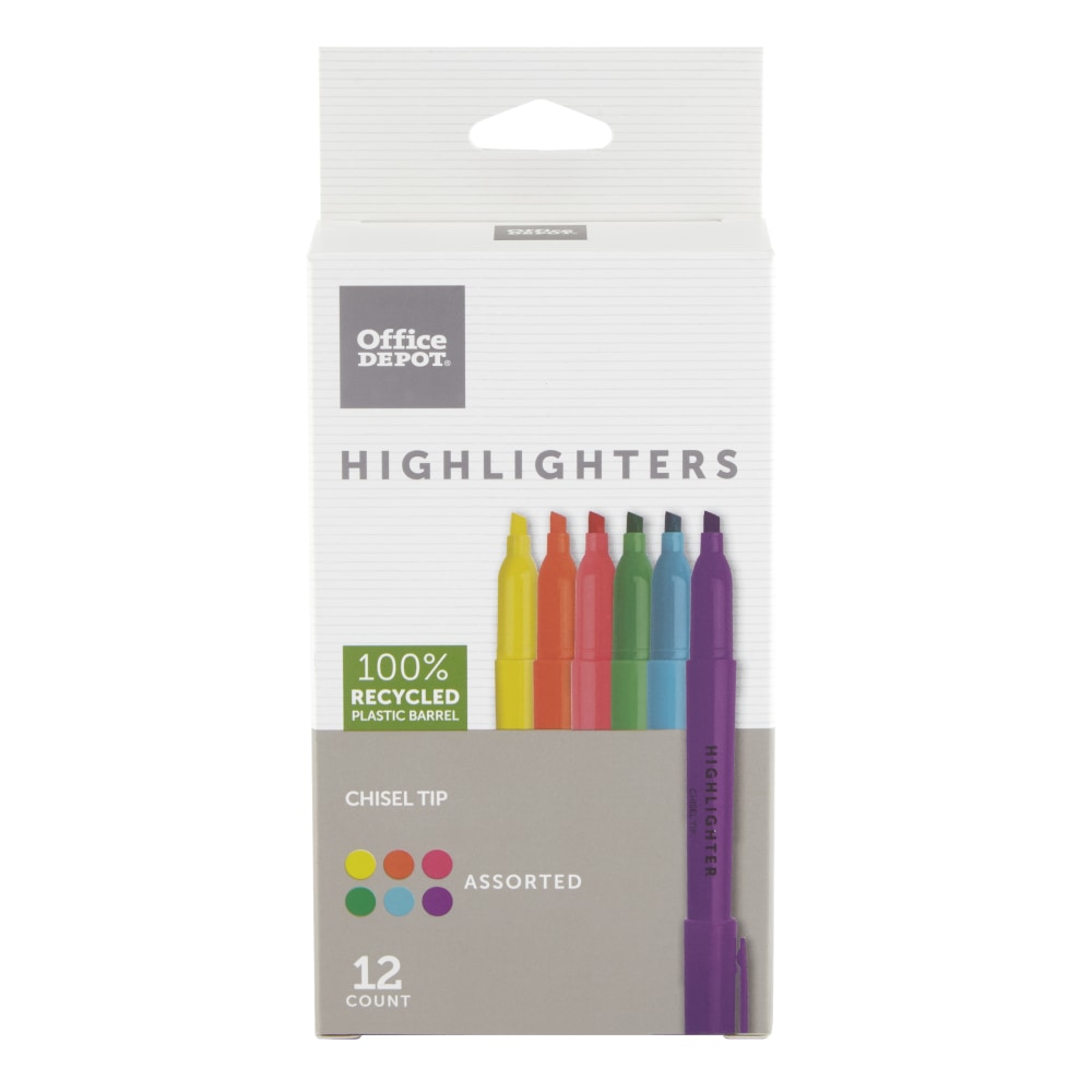 Office Depot Brand Pen-Style Highlighters, 100% Recycled Plastic Barrel, Assorted Colors, Pack Of 12