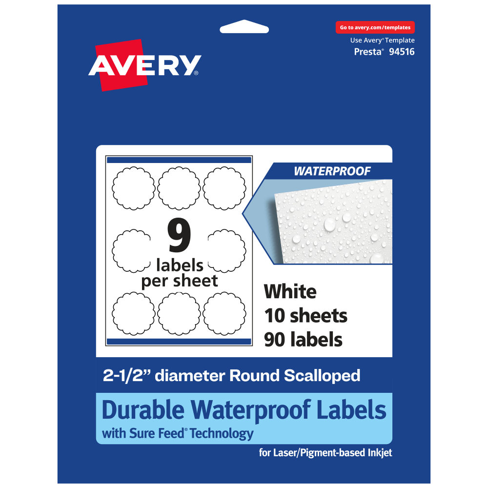 Avery Waterproof Permanent Labels With Sure Feed, 94516-WMF10, Round Scalloped, 2-1/2in Diameter, White, Pack Of 90