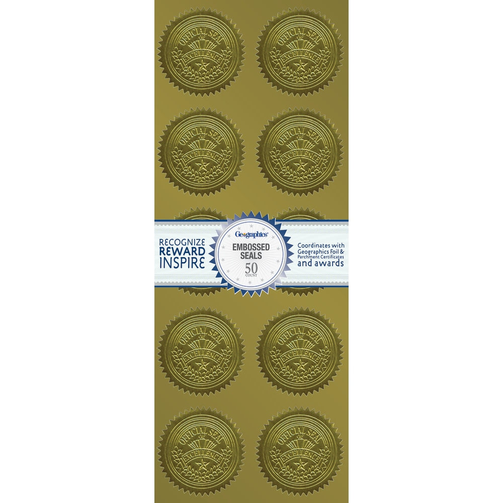 Geographics Embossed Seals, 2in, Gold Excellence, Pack Of 50