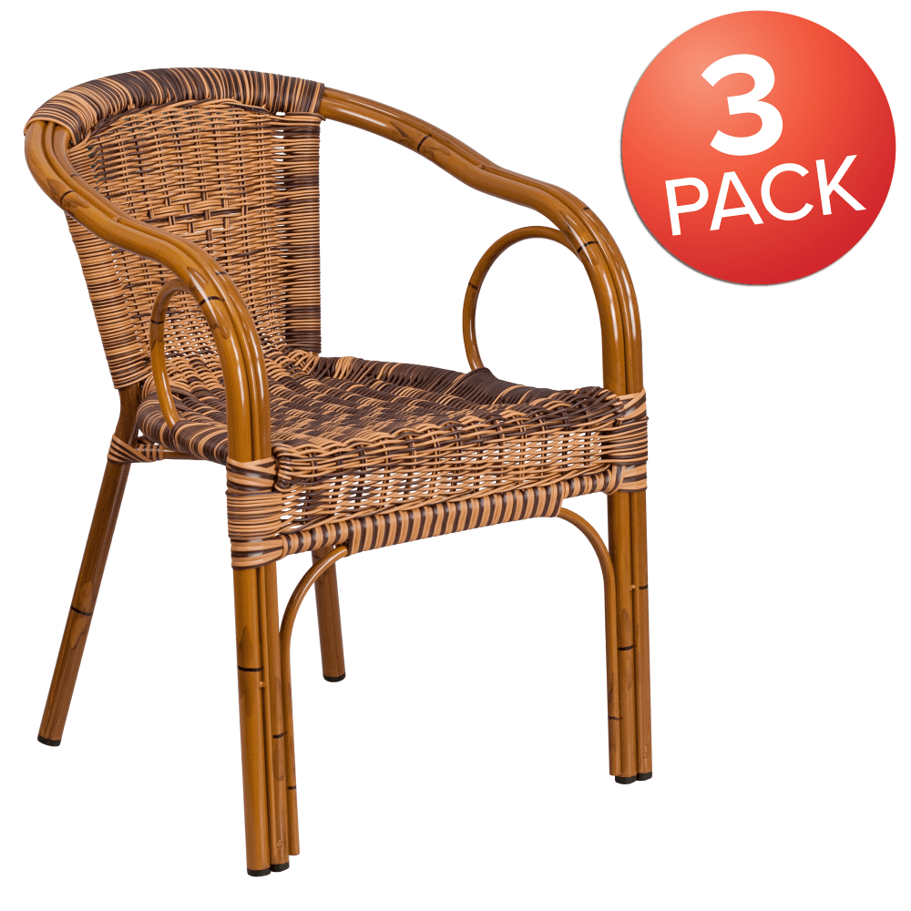 Flash Furniture Lila Rattan Restaurant Patio Chairs With 6-Tier Stacking Capacity, Burning Brown Rattan/Dark Red Bamboo, Set Of 3 Chairs