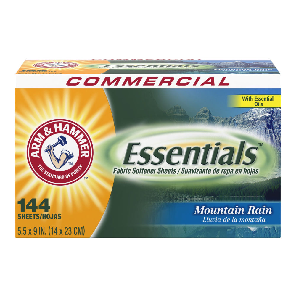 Arm & Hammer Essentials Dryer Sheets, Mountain Rain Scent, 144 Sheets Per Box, Case Of 6 Boxes