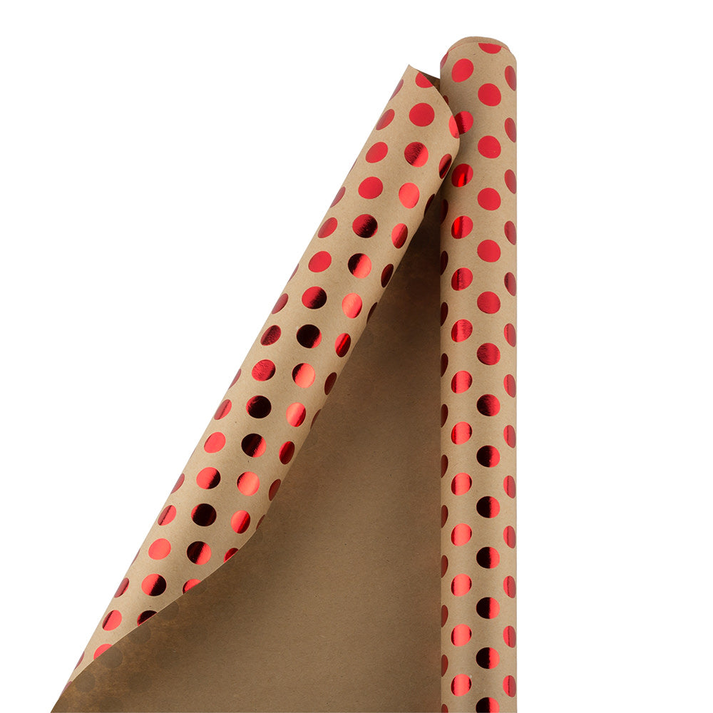 JAM Paper Wrapping Paper, Polka Dot, 25 Sq Ft, Kraft Brown & Red