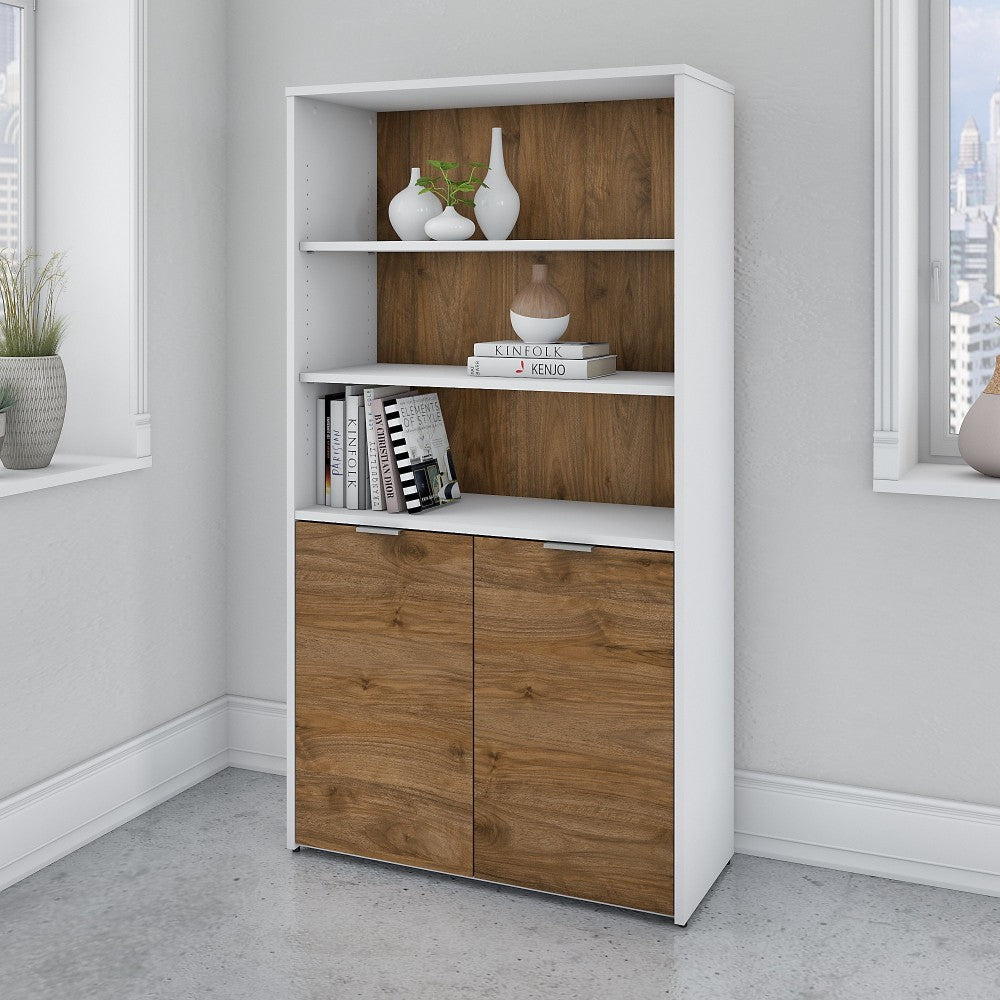 Bush Business Furniture Jamestown 67inH 5-Shelf Bookcase With Doors, Fresh Walnut/White, Standard Delivery