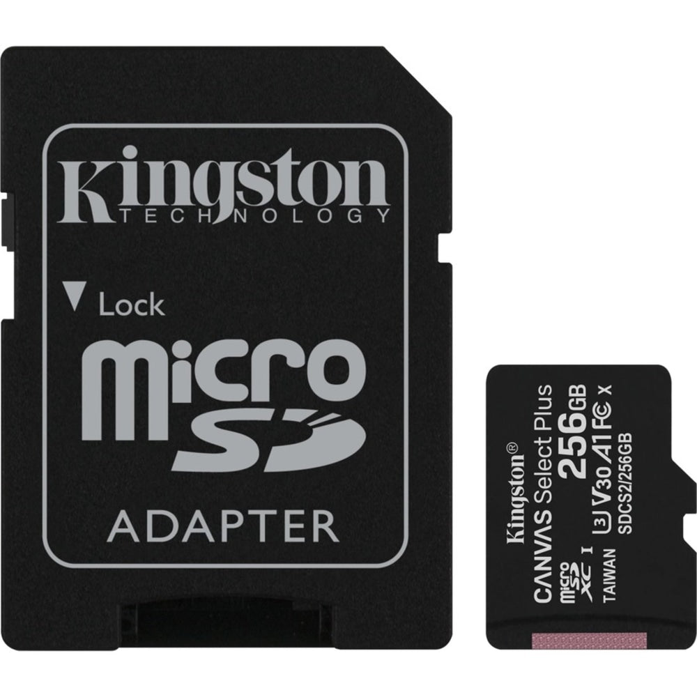 Kingston Canvas Select Plus SDCS2 256 GB Class 10/UHS-I (U3) microSDXC - 1 Pack - 100 MB/s Read - 85 MB/s Write - Lifetime Warranty