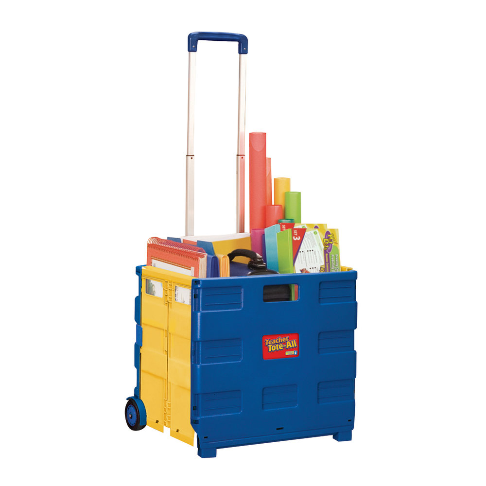 Educational Insights Teacher Tote-All Plastic Rolling Cart With Telescoping Handle, 16 3/4inH x 15 3/4inW x 14 1/4inD, Blue/Yellow