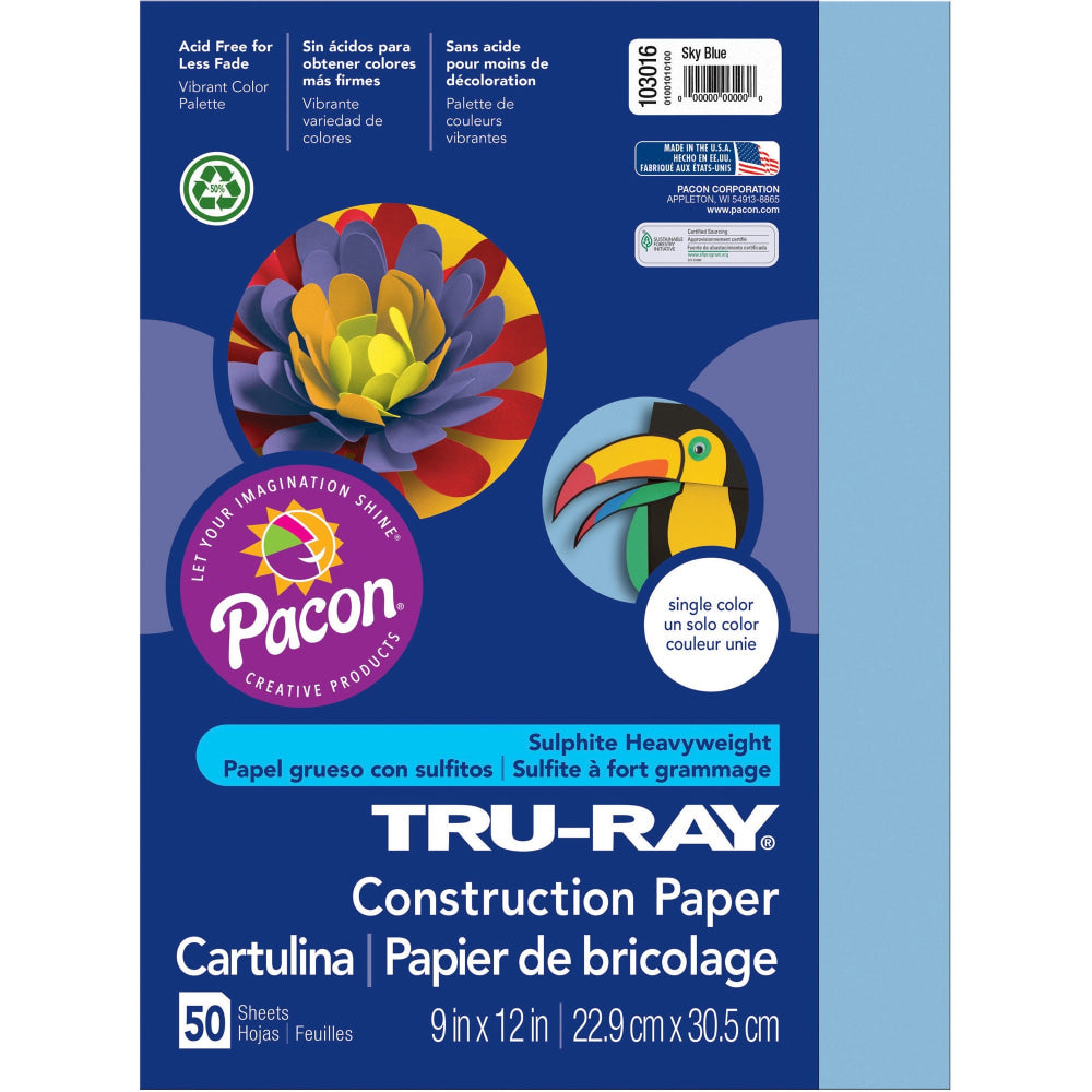 Tru-Ray Construction Paper, 50% Recycled, 9in x 12in, Sky Blue, Pack Of 50